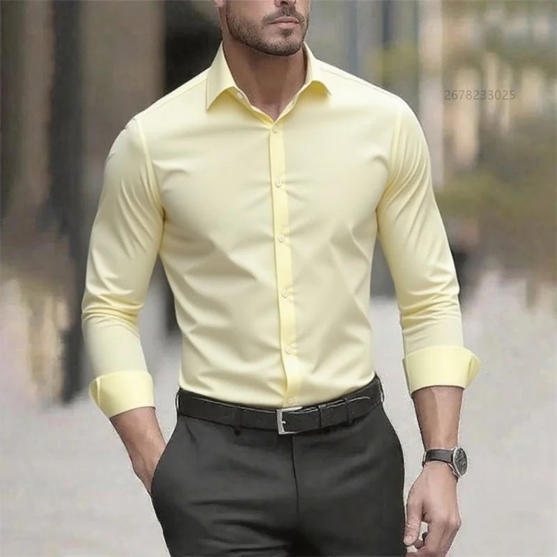Solid Color Men's Shirt Casual White Shirt, High Quality Solid Color Long Sleeve Stretch Fabric, Business Formal Shirt, XS-6XL