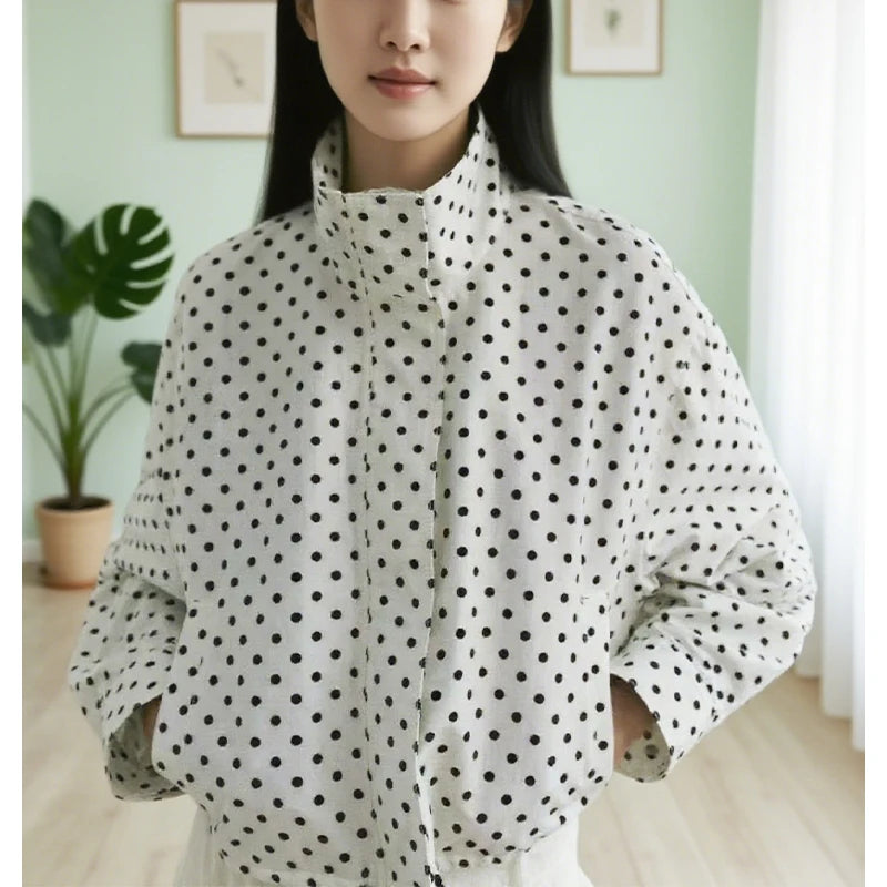 New Summer 2026 Womens Fashion Turtleneck Drawstring Hem Polka Dot Seersucker Jacket Casual Spring Autumn Outfit Trafizaran