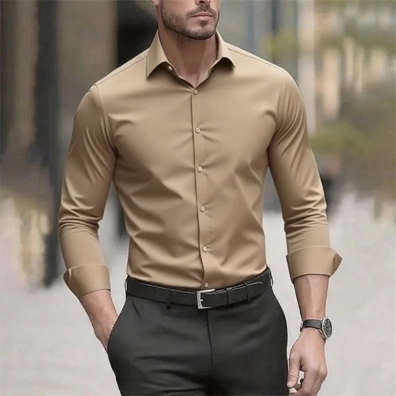 Solid Color Men's Shirt Casual White Shirt, High Quality Solid Color Long Sleeve Stretch Fabric, Business Formal Shirt, XS-6XL