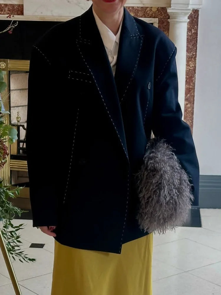 Casual Women Blazer Pant Suits Chic Loose Lapel Doube-breasted Top Straight Pants Fashion Lady Commute 2025 Autumn 2 Pieces Sets
