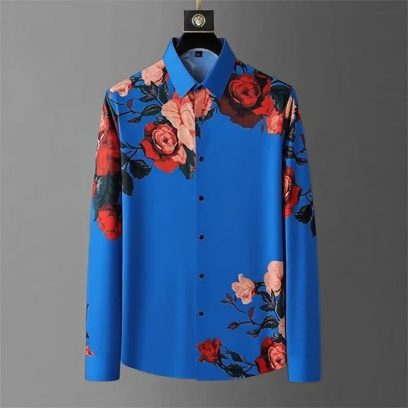 12 Colors Men's Vintage Floral Print Long Sleeve Shirt Spring Daily Going Out Clothing High Quality Luxury Print Lapel Shirt 6XL