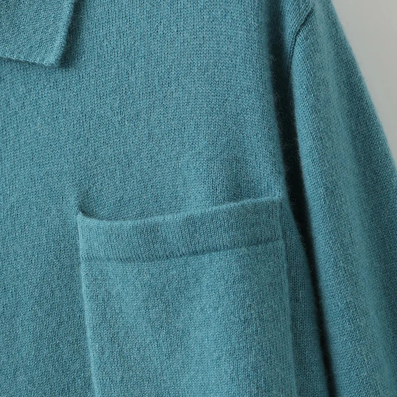 Autumn Winter New Men's 100% Cashmere Sweater Knitted Cardigan Solid Color Long Sleeved POLO Collar Shirt Jacket Casual