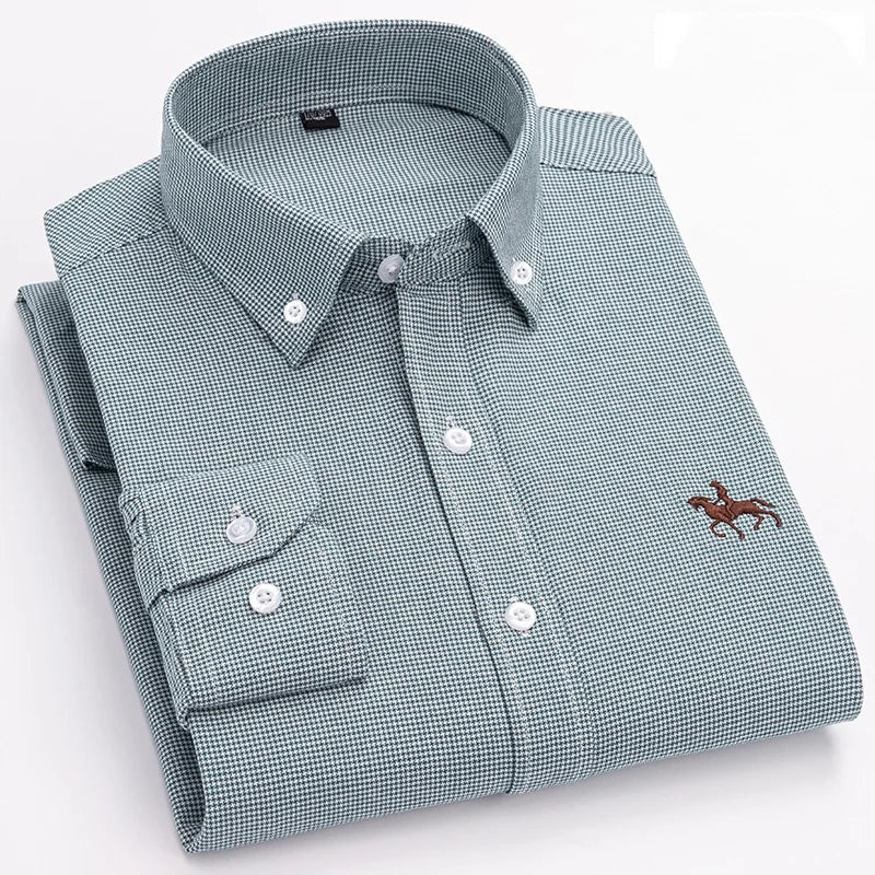 2024 new autumn men's long-sleeved plaid striped100% cotton Oxford spinning chest embroidery regular fit button work shirt S~6XL