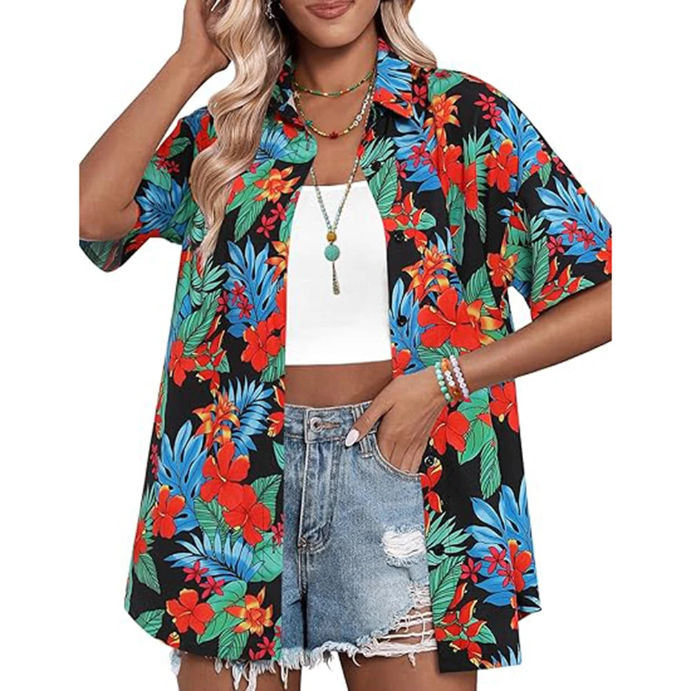 New Women's Short Sleeve T-shirt Fashion 3D Floral Print Hawaiian Style Casual Basic T-shirt Summer Lapel Short Sleeve Shirt