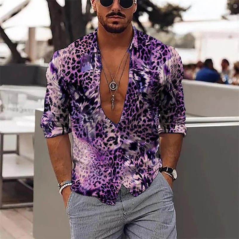 Fashion Leopard Men's Shirt Tops Sapphire Purple Gray Casual Outdoor Spring Summer High Quality Material Plus Size
