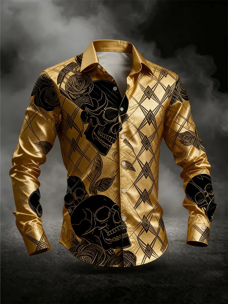 New Men's Long Sleeved Shirt 3D Skull Print Rose Series Gold Black Skull Men's Top Soft Long Sleeved Shirt