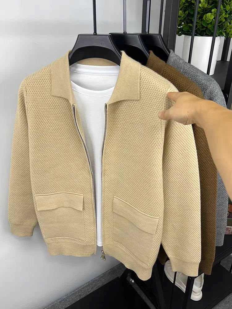 Light luxury high-end lapel zipper knitted jacket men autumn new style fashion pocket design Korean casual warm weater coat