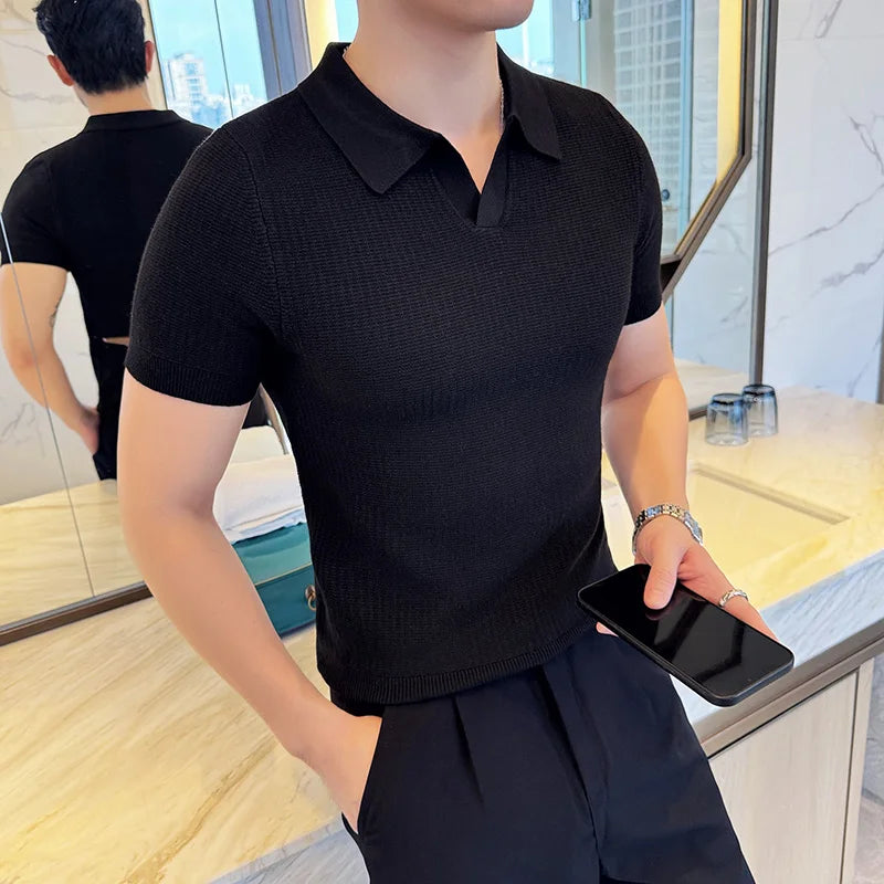 Pull Homme Autumn Winter Short Sleeve Polo Style Short Sleeve Sweater Mens Clothing 2024 Slim Fit Casual Knitted Men's Sweaters