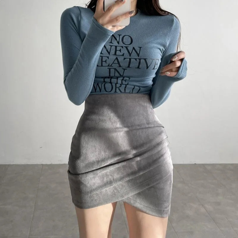 Grey Suede Mini Skirt Women's Autumn Winter New Style Irregular Fit High Waist Elastic Short Skirt One Step Wrap around Skirt