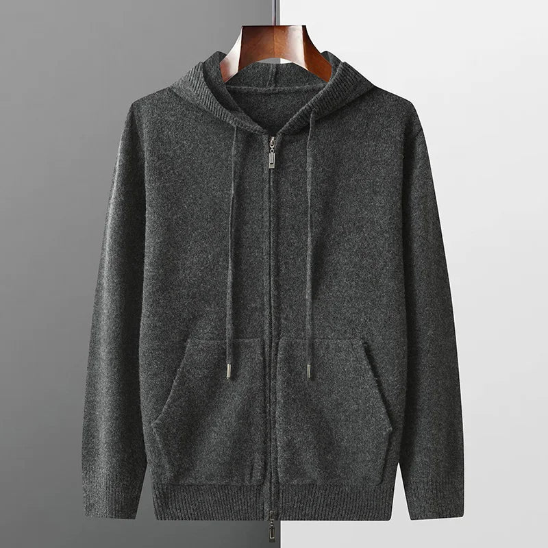 Autumn And Winter Men's 100% Pure Wool Cardigan Warm Zipper Hooded Casual Knitted Cashmere Coat