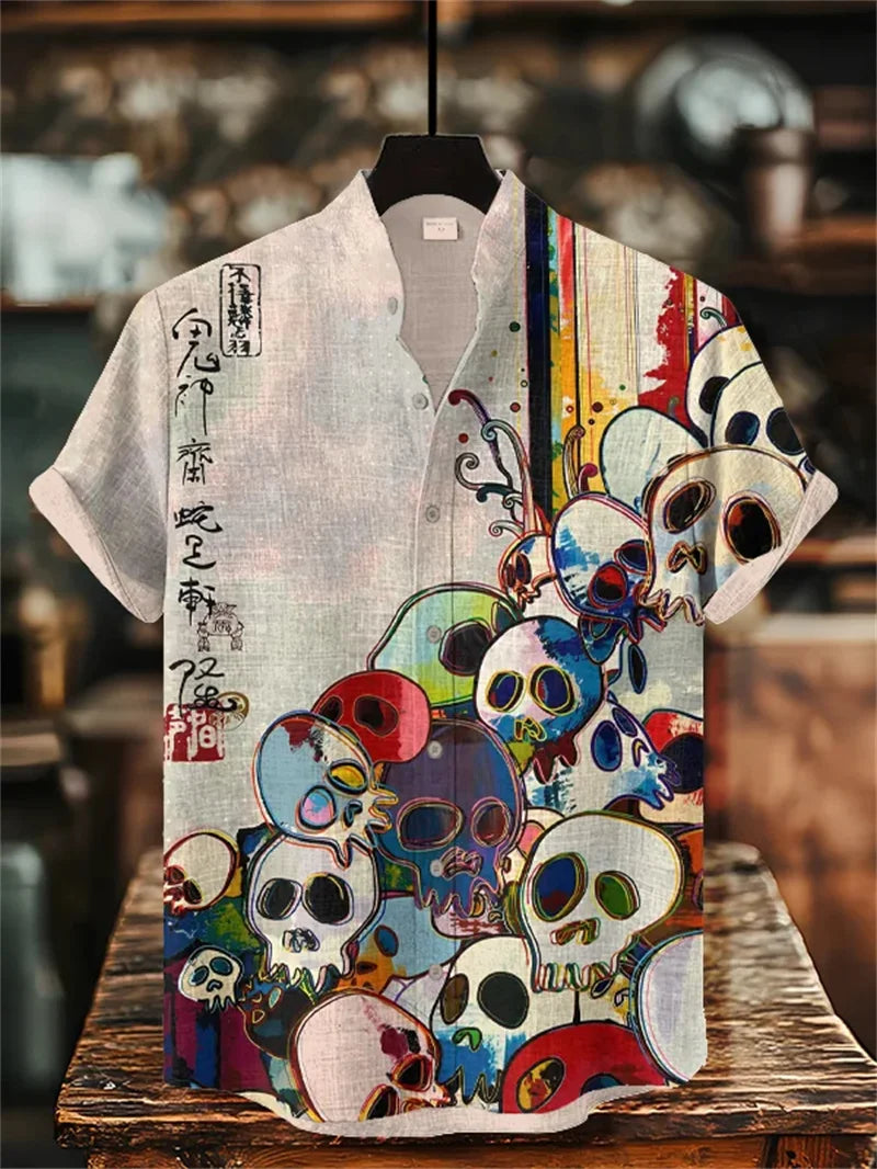 New Men's Linen 3D Fish Print Short Sleeved Shirt Popular Retro Casual Short Sleeved Shirt Clothing Top Shirt