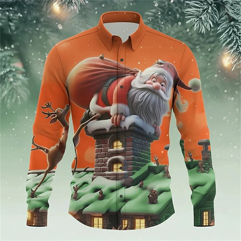 Christmas men's reindeer bell fun Christmas shirt long-sleeved button shirt Christmas gift autumn and winter collar shirt