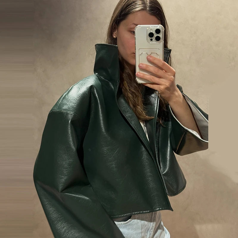 Urban Solid Pu Leather Women Jacket Street Stand Collar Long Sleeve Female Outwear 2026 Autumn Winter Fashion Lady Streetwear