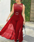 2025 Fashionable and elegant Women's Sexy Round Neck Rhinestone Sheer Mesh Sleeveless Jumpsuit With Belt Party Club Jumpsuit