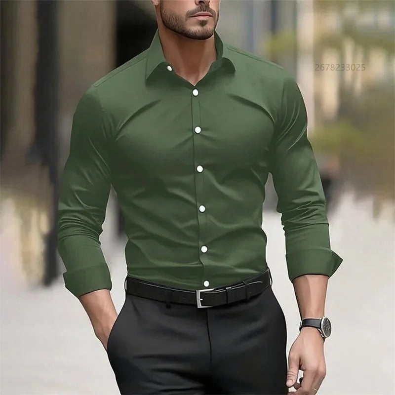 Solid Color Men's Shirt Casual White Shirt, High Quality Solid Color Long Sleeve Stretch Fabric, Business Formal Shirt, XS-6XL