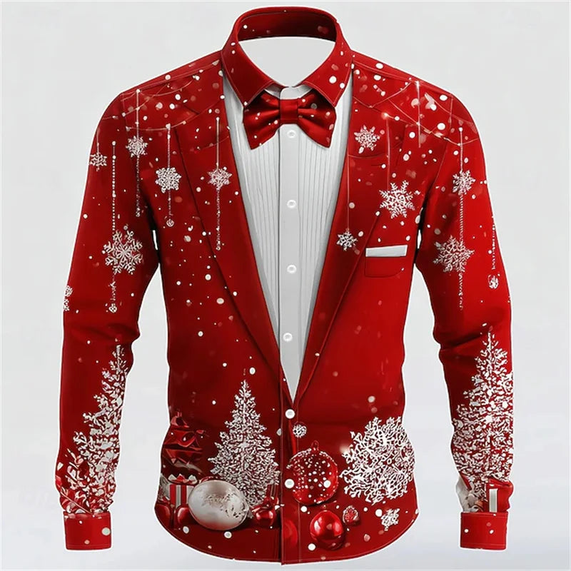 Men's Christmas shirt, casual fashion design, holiday party men's top, long sleeve lapel men's high-end clothing XS-6XL size