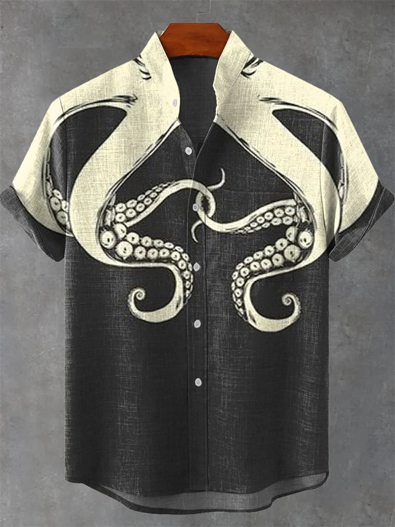2025 vintage printed shirt men's casual lapel single breasted shirt 3D printed short sleeved shirt