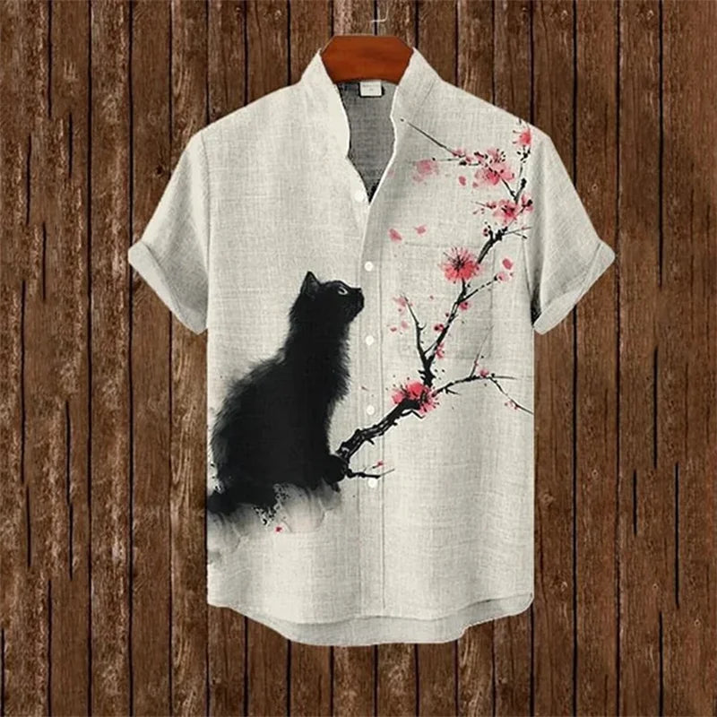 Cartoon Cat Short Sleeve Shirt Vintage Art Fish Print Men's Summer Shirt Casual Holiday Street Clothing New Collection
