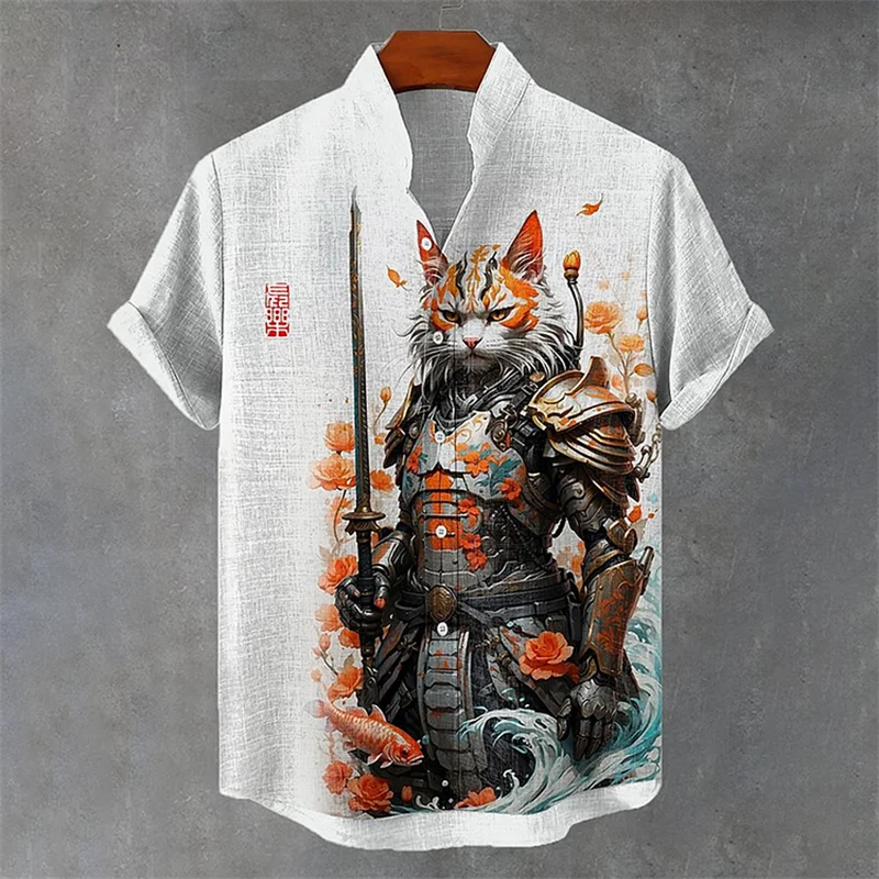 Cartoon Cat Short Sleeve Shirt Vintage Art Fish Print Men's Summer Shirt Casual Holiday Street Clothing New Collection