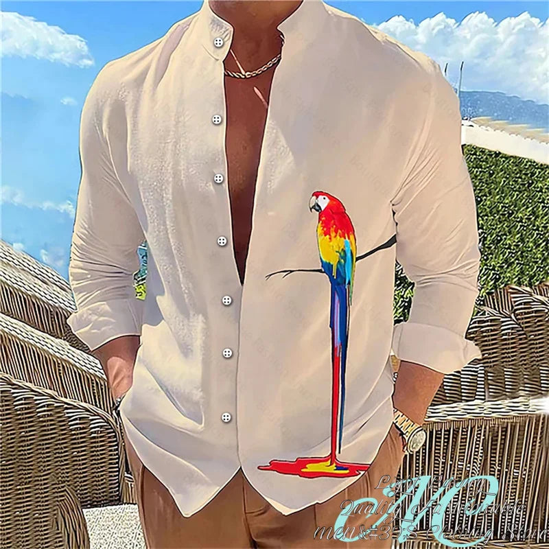 15 Color Men's Shirt Long-Sleeved Shirt 3D Printing Parrot Pattern Standing Collar Clothing Fashion Casual XS-6XL Size