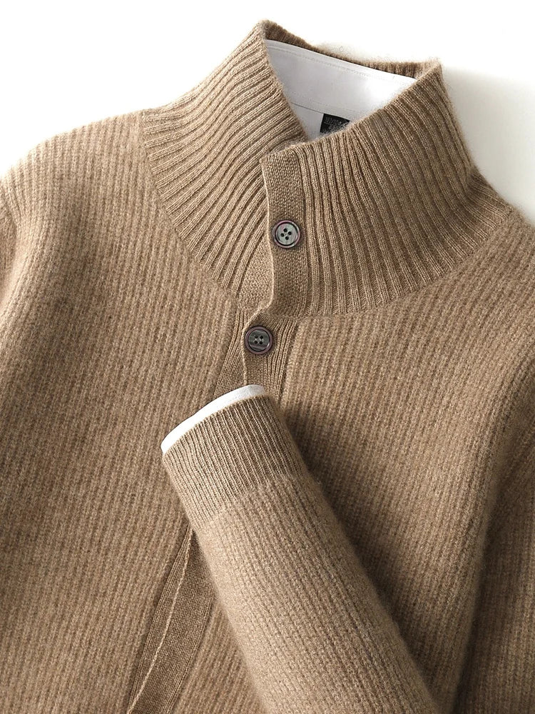 Luxury 100% Cashmere Cardigan for Men Mock Collar Thickening Sweater Autumn Winter Knitted Coat Soft Clothing Smart Casual Top