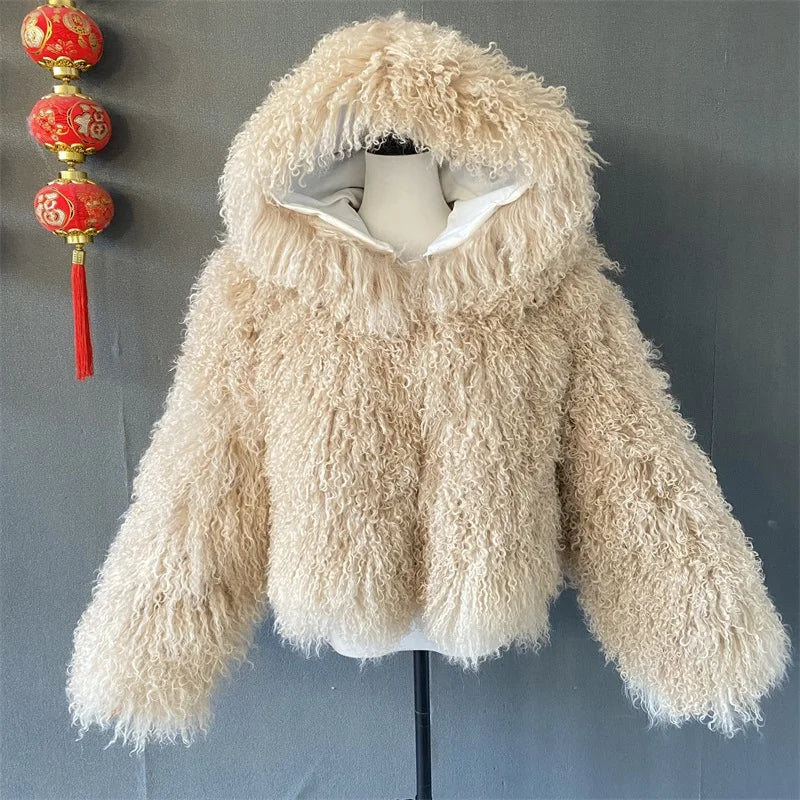 2025 Autumn Fashion Warm Short Real Mongolia Sheep Fur Jacket Women Plus Size Curly Lamb Fur Jacket Female