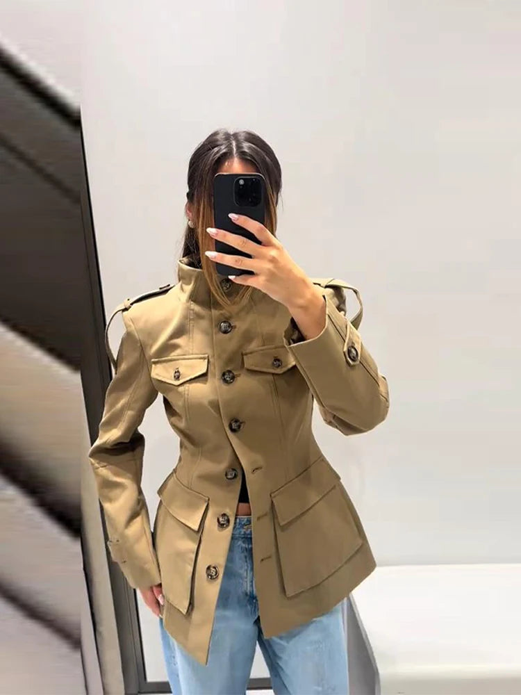 2025 Autumn Stand Collar Long Sleeve Jacket for Women Casual Pockets Solid Female Trench Coats Fashion New Lady Outerwear Street