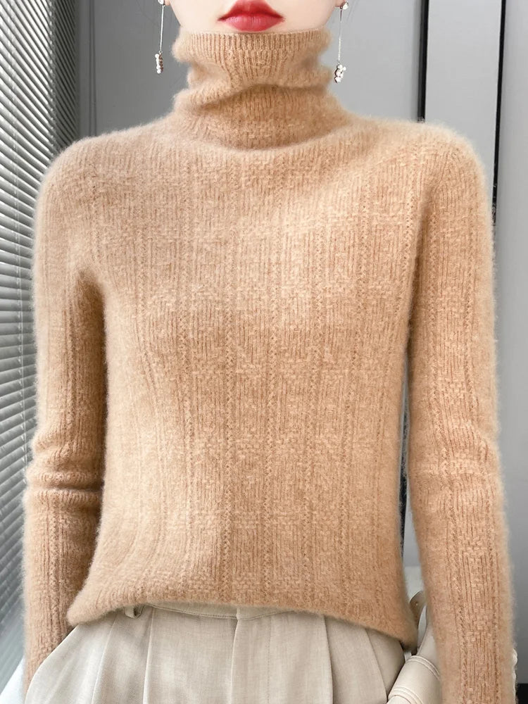 100% Wool Cashmere Sweater Women Turtleneck Long Sleeve Tops Knitted Pullovers Autumn Winter Casual Loose Clothing Warm Jumper