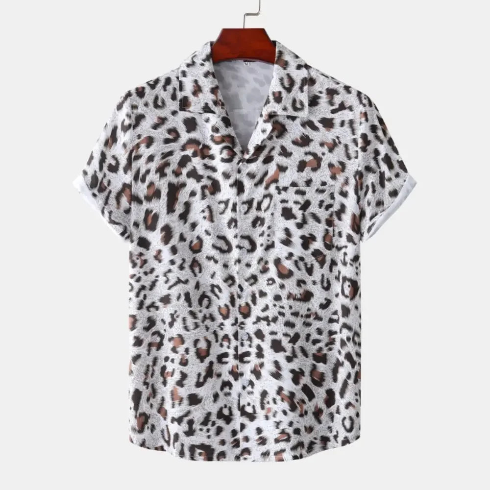 Fashion Leopard Men's Short Sleeve Shirt Oversize Loose Fit Stylish Shirt for Men Lapel Trend Casual Button Up Men's Clothing