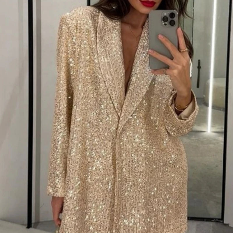 Casual Sequin Jackets Pants Set Women Golden Long Sleeve Lapel Button Wide Leg Pant Autumn Lady Suit Urban Street Loose Sets