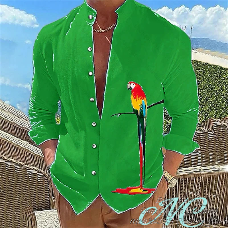 15 Color Men's Shirt Long-Sleeved Shirt 3D Printing Parrot Pattern Standing Collar Clothing Fashion Casual XS-6XL Size