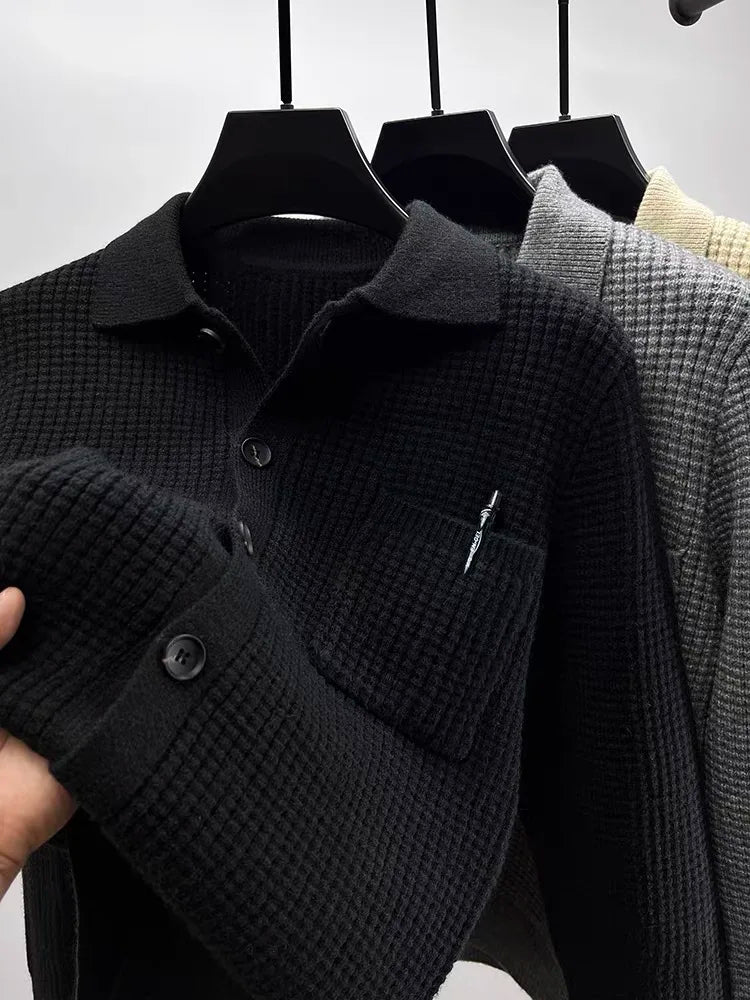 High-end Waffle Knitted Cardigan 2023 Autumn/Winter New Fashion Men's Polo Collar Korean Knitted Sweater Casual Solid Coat