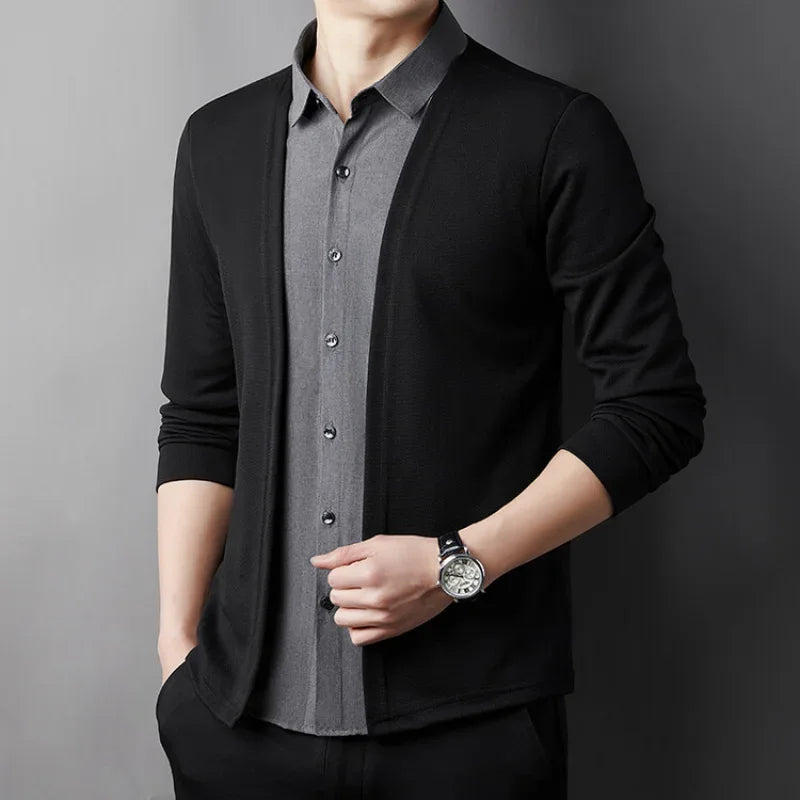 Men's Cardigan, Fake Two Shirts, Jacket, Fake Two Items, 2024 Autumn Bestseller, Fake Two Items, New Cardigan Shirt