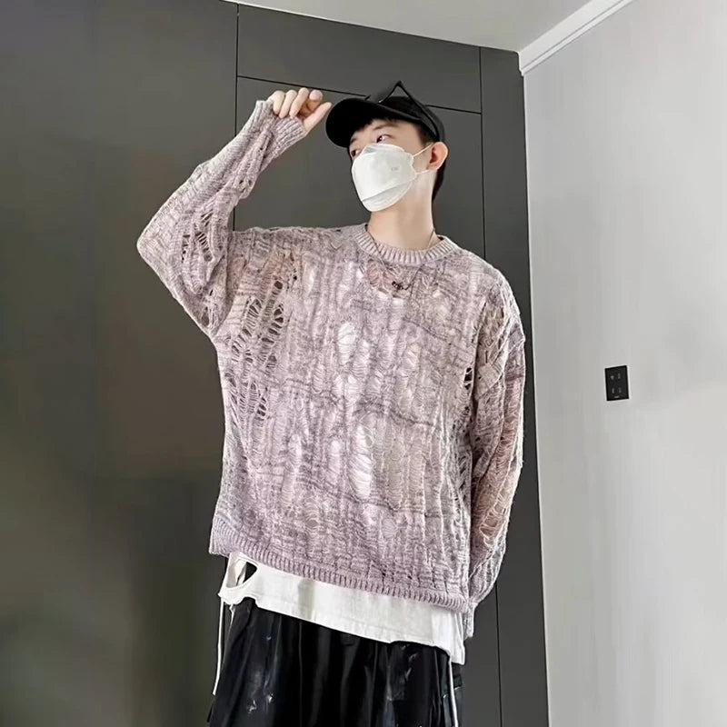 Vintage Ripped Hollow Out Mesh Knit Sweater Men Autumn Streetwear Fashion Crew Neck Long Sleeve Knitted T Shirt Men’s Clothing