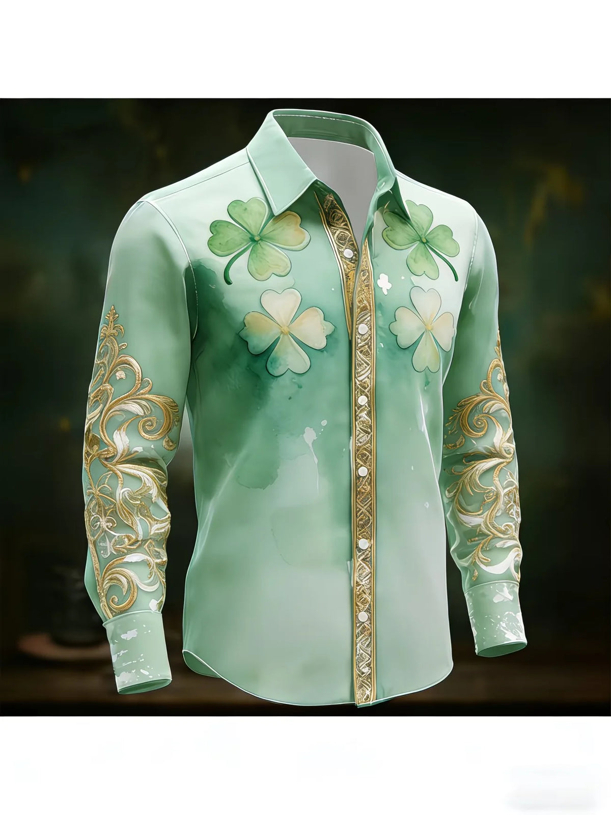 New men's 3D clover print retro pattern casual long sleeved casual shirt fashionable lapel top clothing
