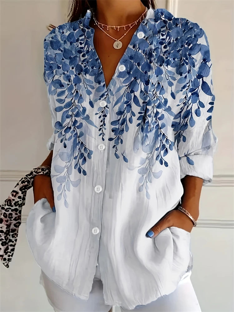 New Summer Fashion Women's Lapel Shirt Big Size Button Long Sleeve Daily Weekend V Neck Tops Floral Printed Loose Casual Shirt