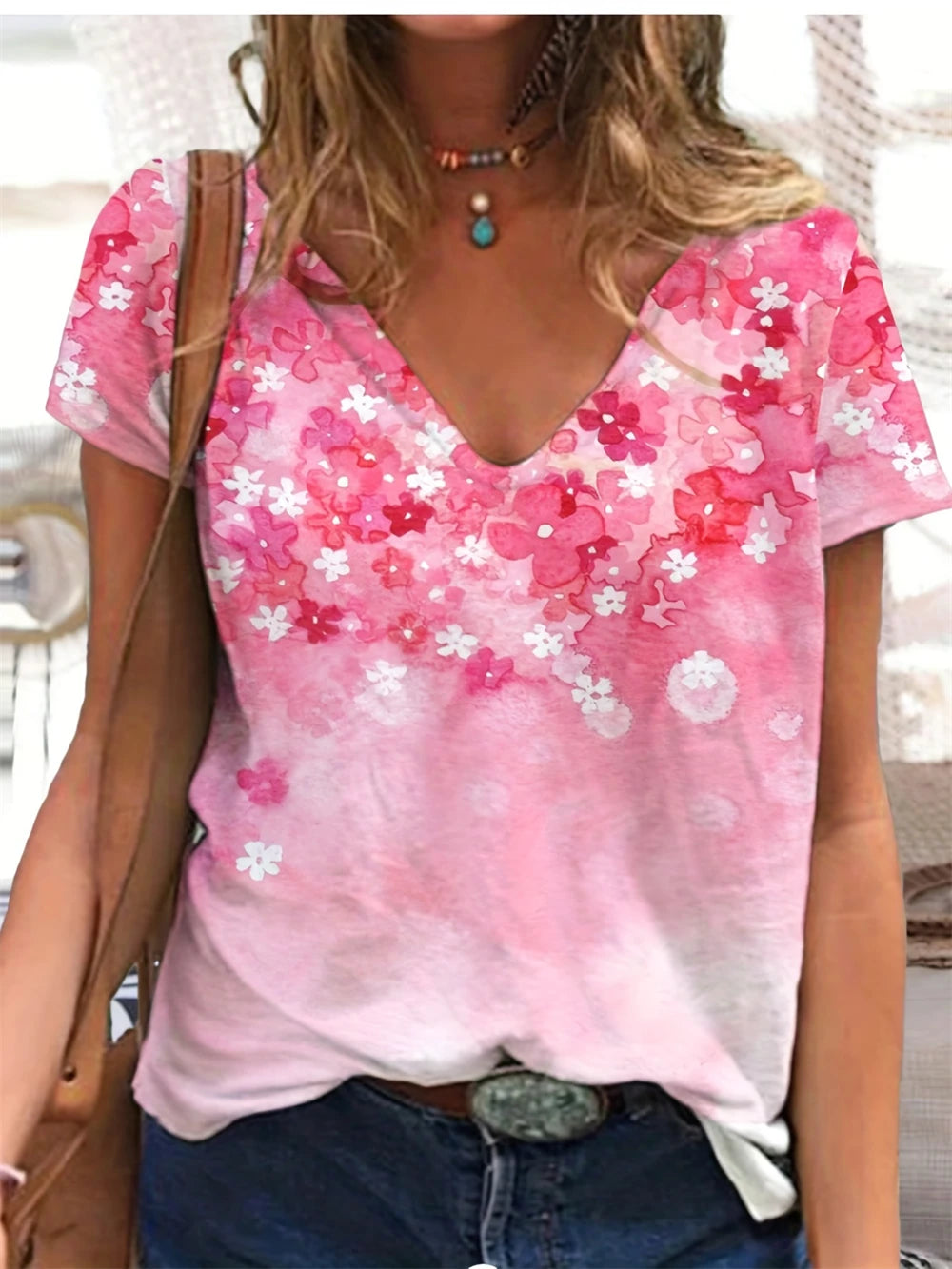 Summer Large Size Women's T-Shirt Fashion Blue Flowers Print Leisure Elegant V-Neck T-Shirt Daily Comfortable Women's T-Shirt