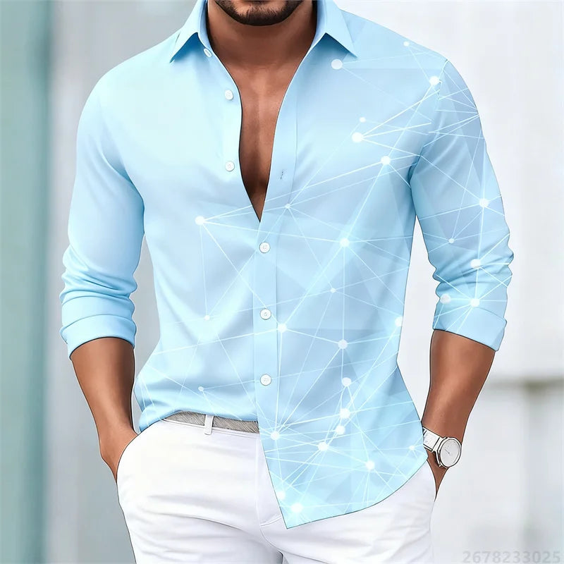 Men's trendy geometric line print long-sleeved shirt. Fashionable slim black technology-style shirt. Popular men's shirt.