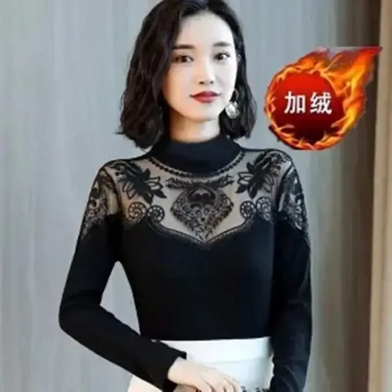 Woman Tshirts Autumn  Winter Lace  Women's Long Sleeve Turtleneck Stretch T-shirt Tops Mujer Camisetas