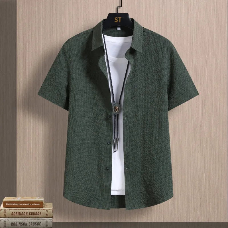 Men's Shirts Seersucker Short Sleeve Male Shirts Summer Casual Business Textured Solid Button Up Office Top