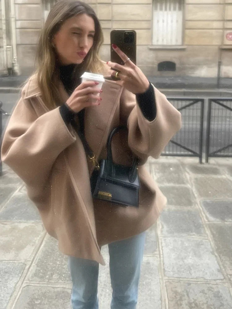 Elegant Woolen Lapel Coat Loose Solid Long Sleeve Single Breasted Pocket Female Jackets 2025 Autumn Fashion Street Lady Outwear