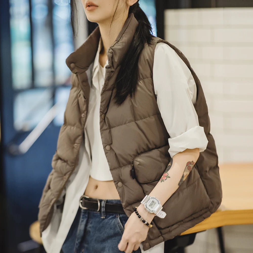 Maden Winter Sleeveless Down Vest for Women White Duck Down Filling Stand-up Collar Warm Tank Top Casual Light Outerwear Vest