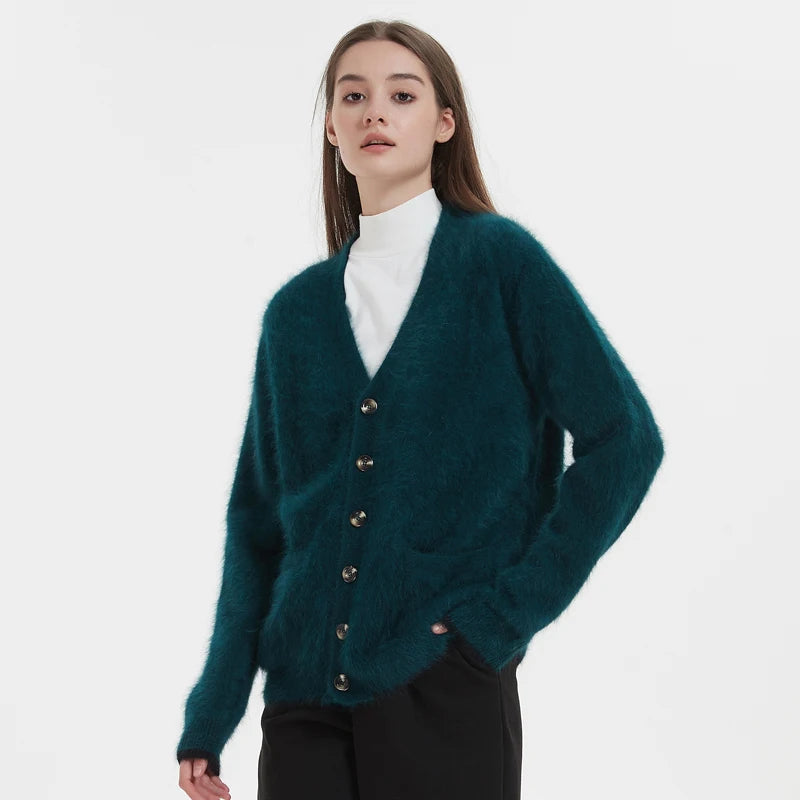 BAHTLEE-Knitted Short Cardigans with Pocket for Women, Wool Sweater, Angora Coat, Long Sleeves, V-Neck, Winter