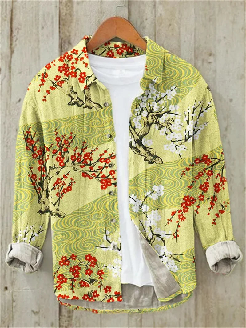 Linen Print Men's Long Sleeve Shirt Traditional Wave Pattern Art Hawaiian Shirt Men's Crane Shirt Design