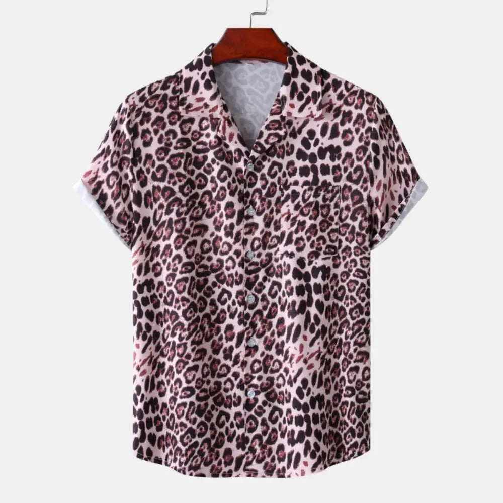 Fashion Leopard Men's Short Sleeve Shirt Oversize Loose Fit Stylish Shirt for Men Lapel Trend Casual Button Up Men's Clothing