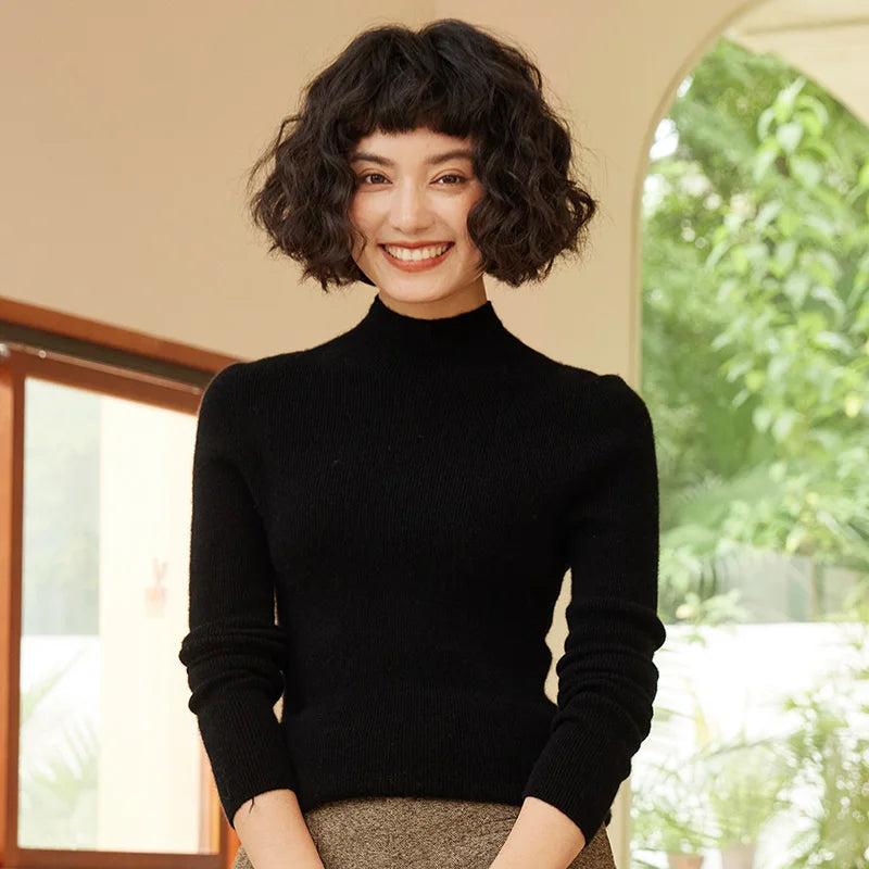 Autumn and Winter New Women's 100% Pure Cashmere Semi High Neck Pullover Sweater Knitted Slim Fit Hot Selling Women's Top