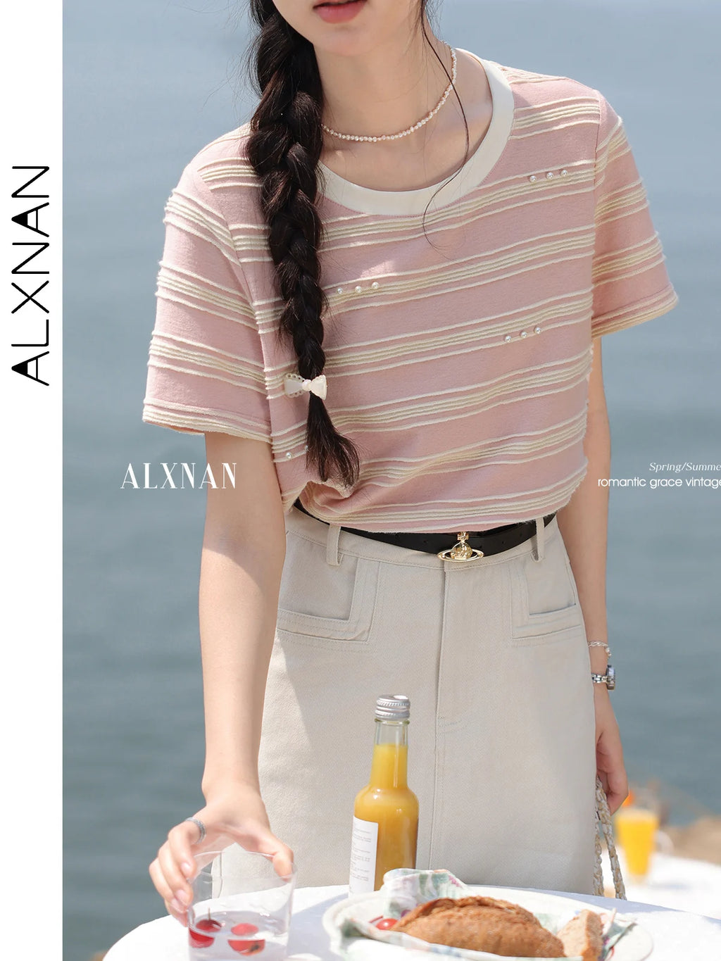 ALXNAN Plus Size Women's Pink Striped T-shirt Elegant Sweet Loose-fit Cotton T-shirt Round Neck Short Sleeve Tops L55319 D10639