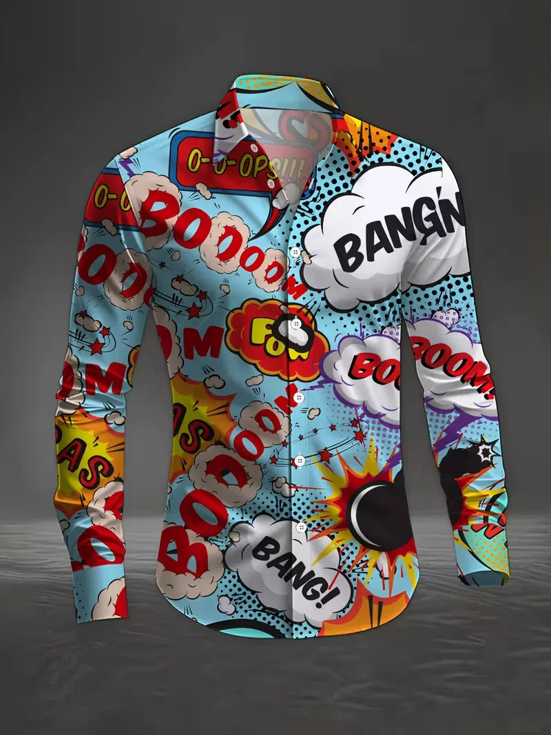 New retro square casual shirt men's abstract printed shirt long sleeved fashionable street shirt design clothing