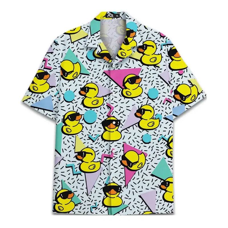 80s 90s Retro Rubber Duck Hawaii Shirt For Men Funny Memphis Style Print Loose Button Shirts Relaxed Street Novel Design Blouse