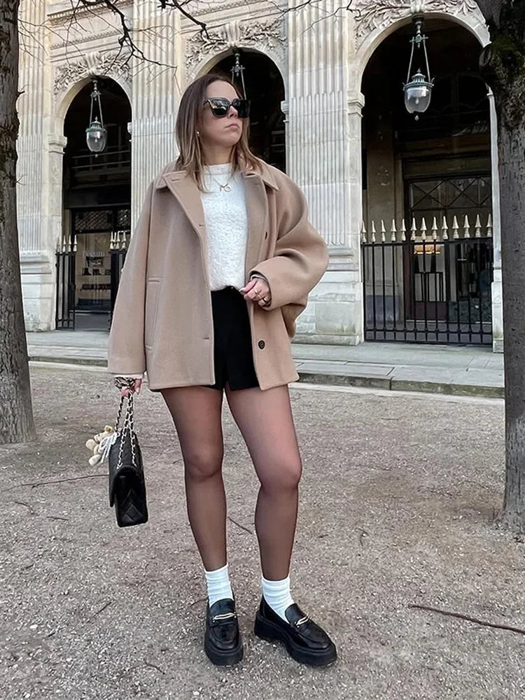 Elegant Woolen Lapel Coat Loose Solid Long Sleeve Single Breasted Pocket Female Jackets 2025 Autumn Fashion Street Lady Outwear